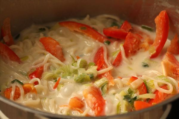 Kokossuppe mit Porree und Nudeln