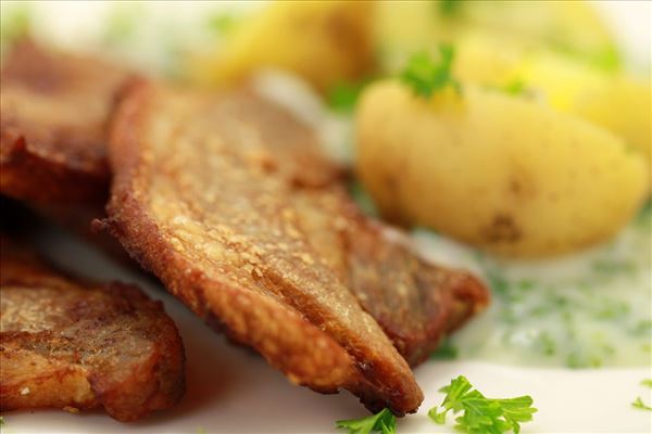 Gebratener Schweinebauch mit Kartoffeln und Petersiliensauce